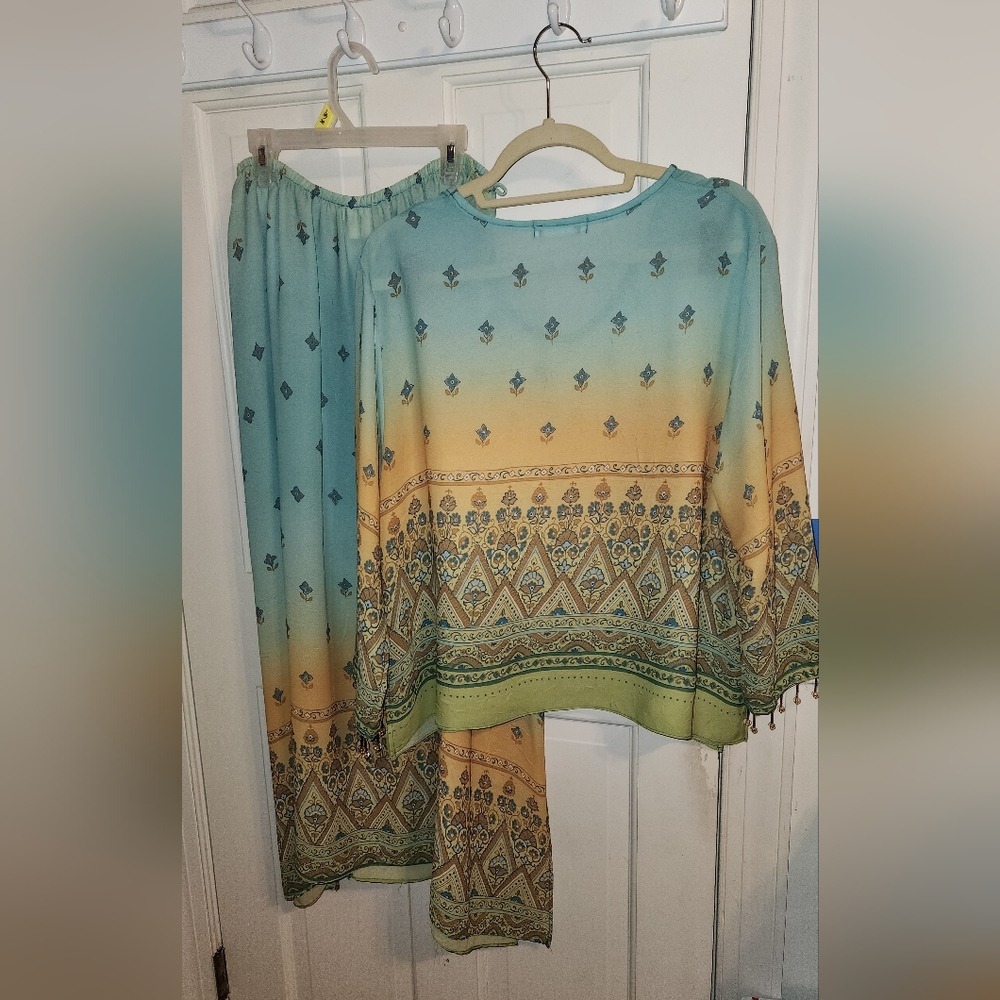 Nino Wong Bohemian Two-Piece Set Top/Skirt in Greenish-Blue & Orange Large